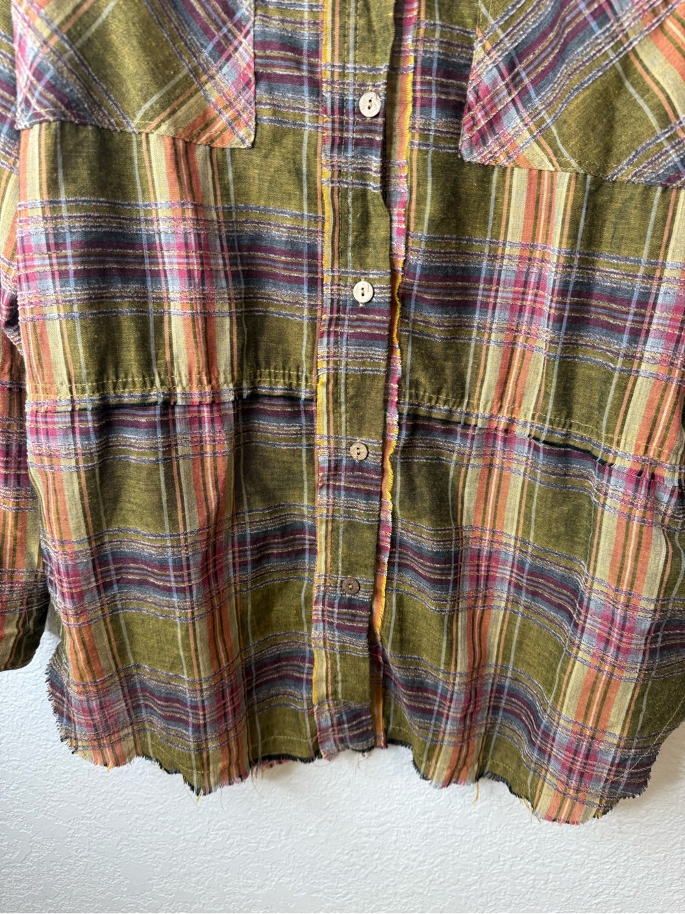 Oli & Hali Plaid Tiered Button Front Shacket Shirt Olive Purple Raw Hem Size M - Picture 3 of 11